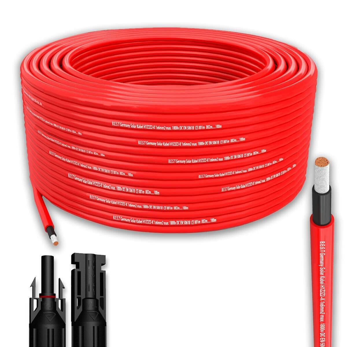 Solarkabel Solarleitung 50m 4mm² Photovoltaik PV Kabel + 10 Stecker Rot