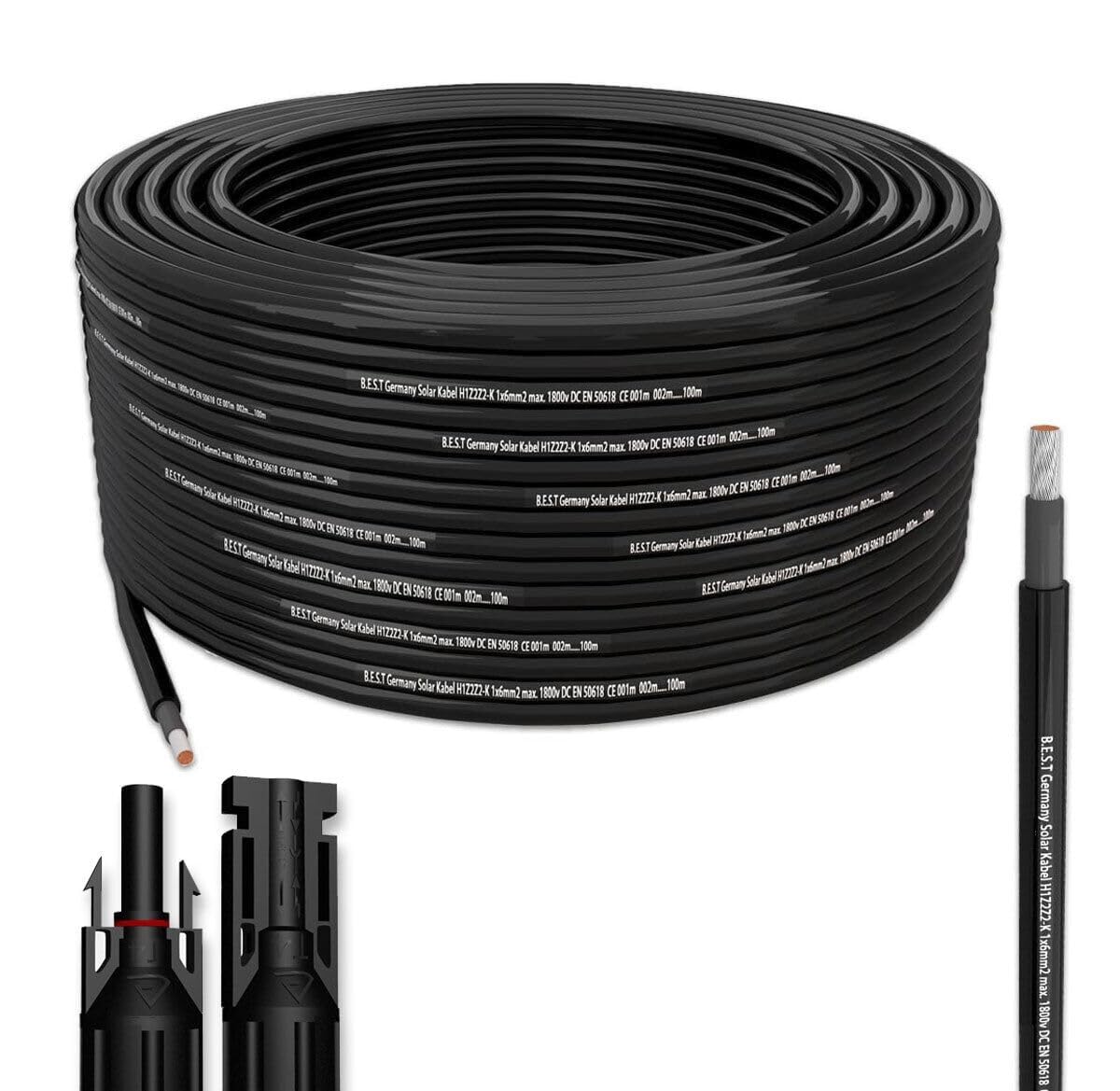 Solarkabel Solarleitung 50m 4mm² Photovoltaik PV Kabel + 10 Stecker Rot