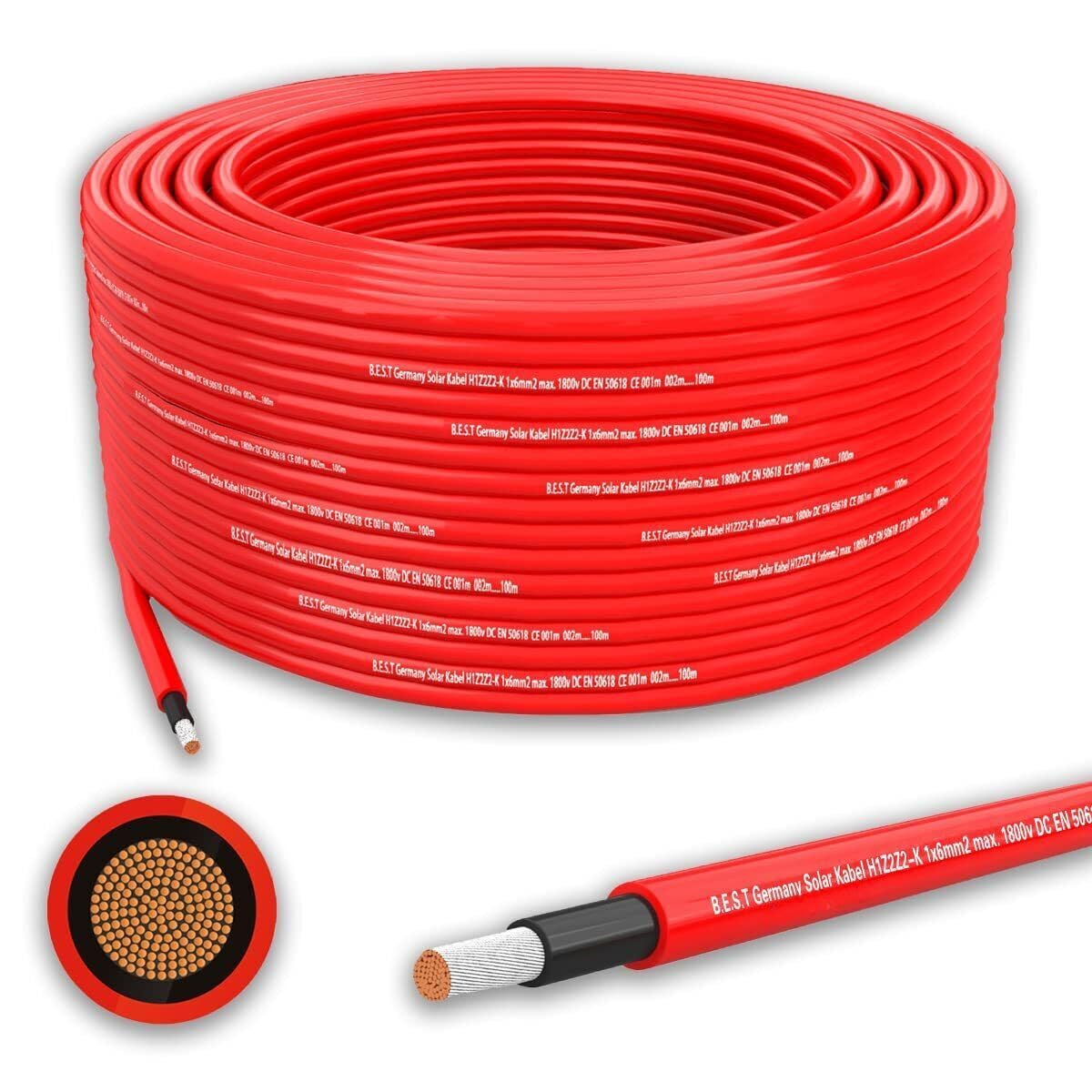 Solarkabel Solarleitung 50m 4mm² Photovoltaik PV Kabel + 10 Stecker Rot