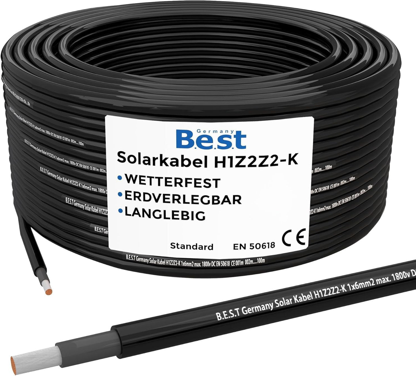 Solarkabel 6 mm² – 100 m, UV-beständig, flexible Photovoltaikleitung, Schwarz, TÜV-zertifiziert