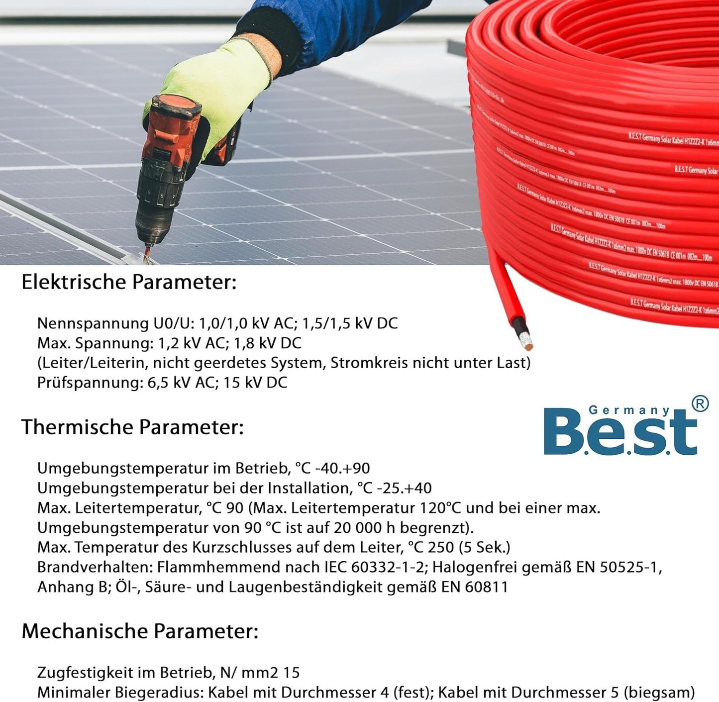 Solarkabel 6 mm² – 100 Meter – Rot – UV-beständig, flexibel, TÜV-zertifiziert für Photovoltaikanlagen