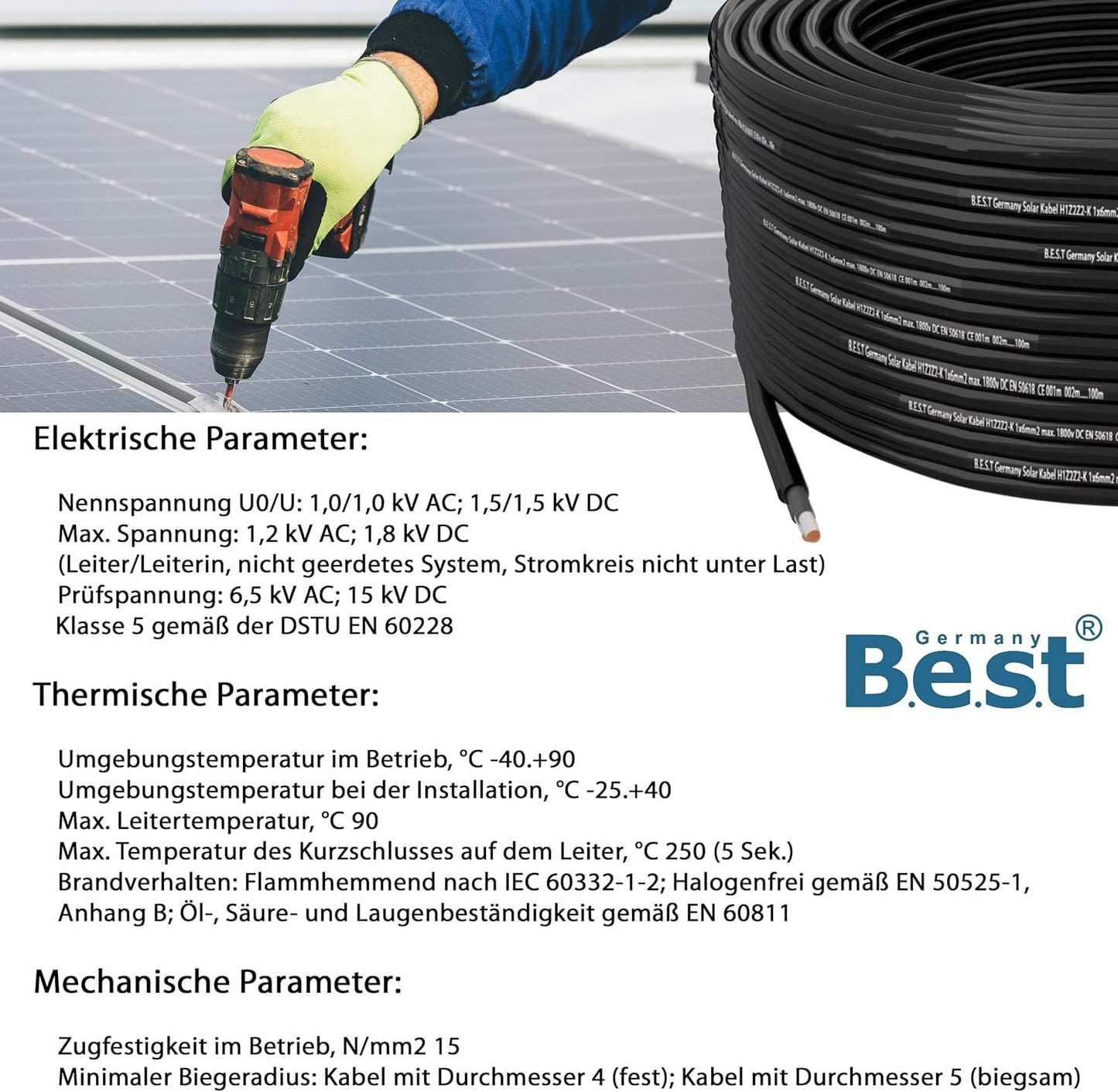 Solarkabel 6 mm² – 100 m, UV-beständig, flexible Photovoltaikleitung, Schwarz, TÜV-zertifiziert