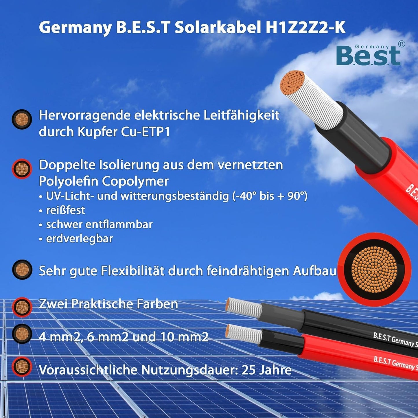 Solarkabel 6 mm² – 100 Meter – Rot – UV-beständig, flexibel, TÜV-zertifiziert für Photovoltaikanlagen