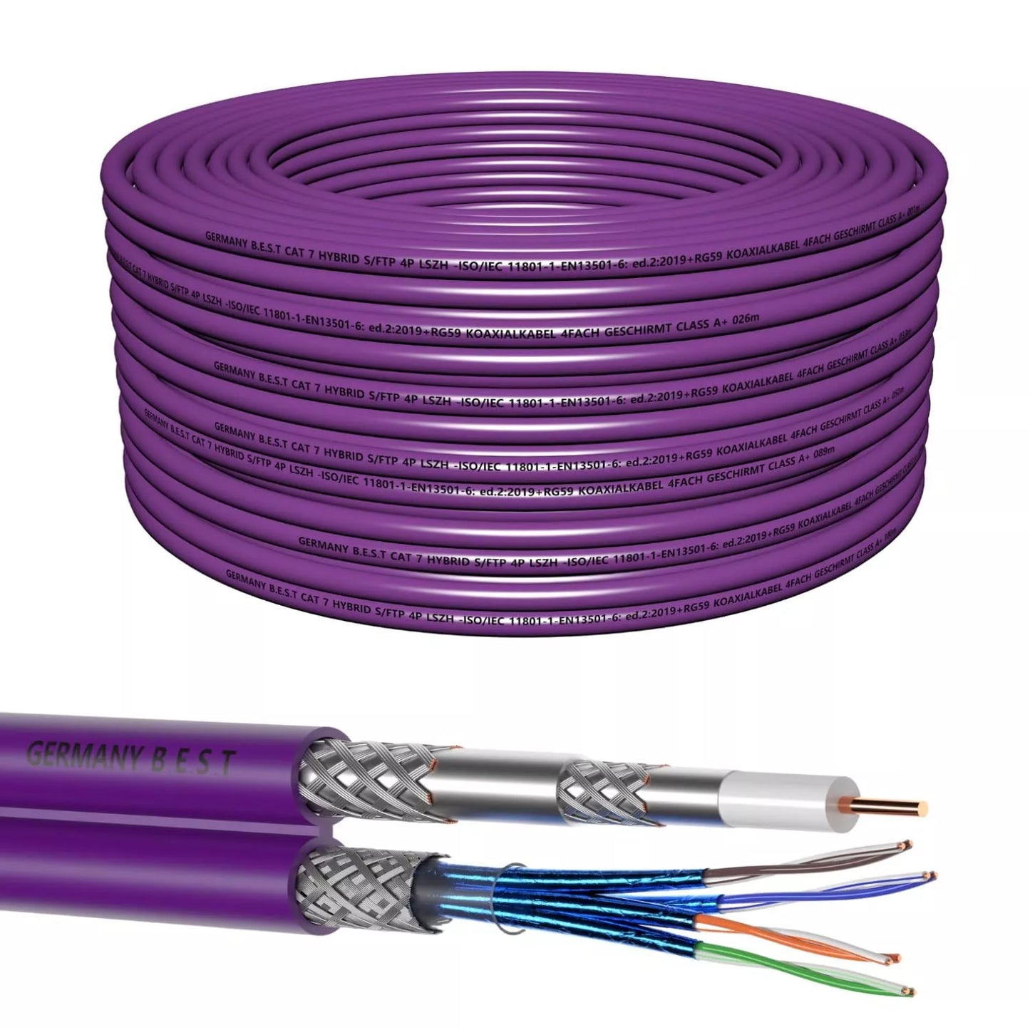 50m Cat7 + RG59 Hybridkabel – 10 Gbit/s LAN & Koaxialkabel mit 4-fach Abschirmung