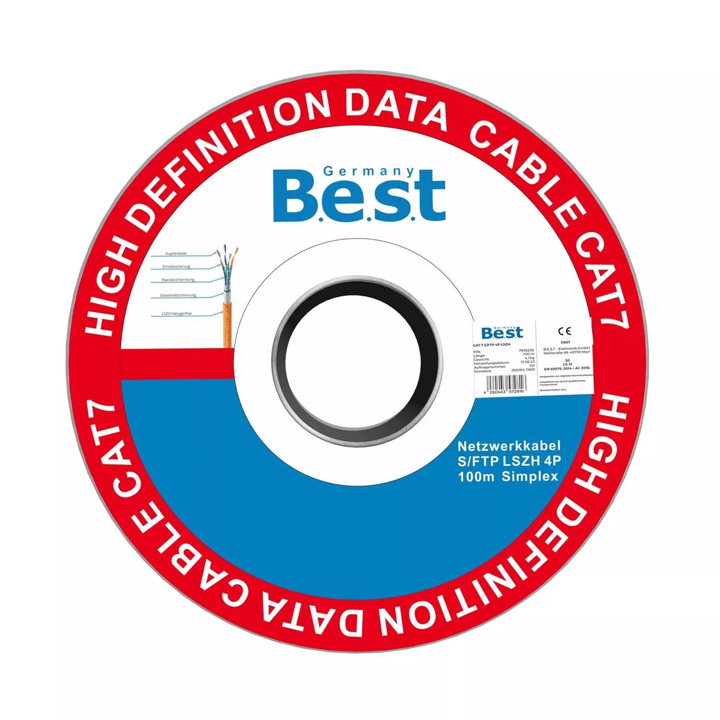 Germany B.e.s.t CAT.7 100m Simplex Verlegekabel BEST Gigabit Netzwerkkabel KUPFER Halogenfrei PIMF POE 10Gbit