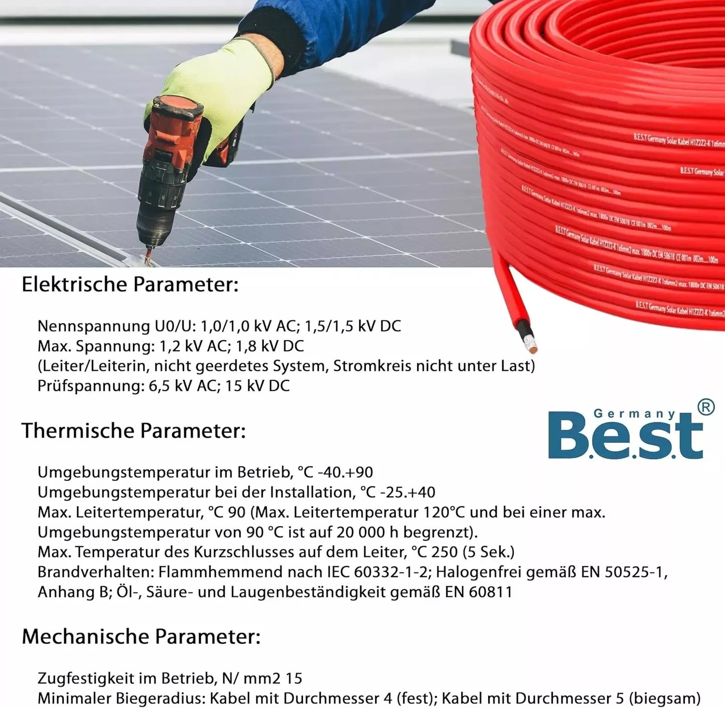 Germany B.E.S.T Solarkabel Solarleitung 10mm² reines Kupferkabel H1Z2Z2-K 20m PV Rot