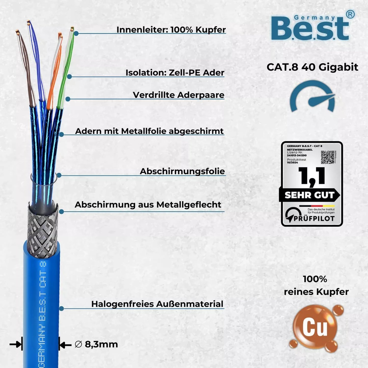 500M CAT 8 LAN Kabel  Netzwerkkabel Verlegekabel Kupfer Ethernetkabel S/FTP 40 Gbit/s Kat 8 reines Kupfer Datenkabel PoE++ LSZH Datenkabel Simplex