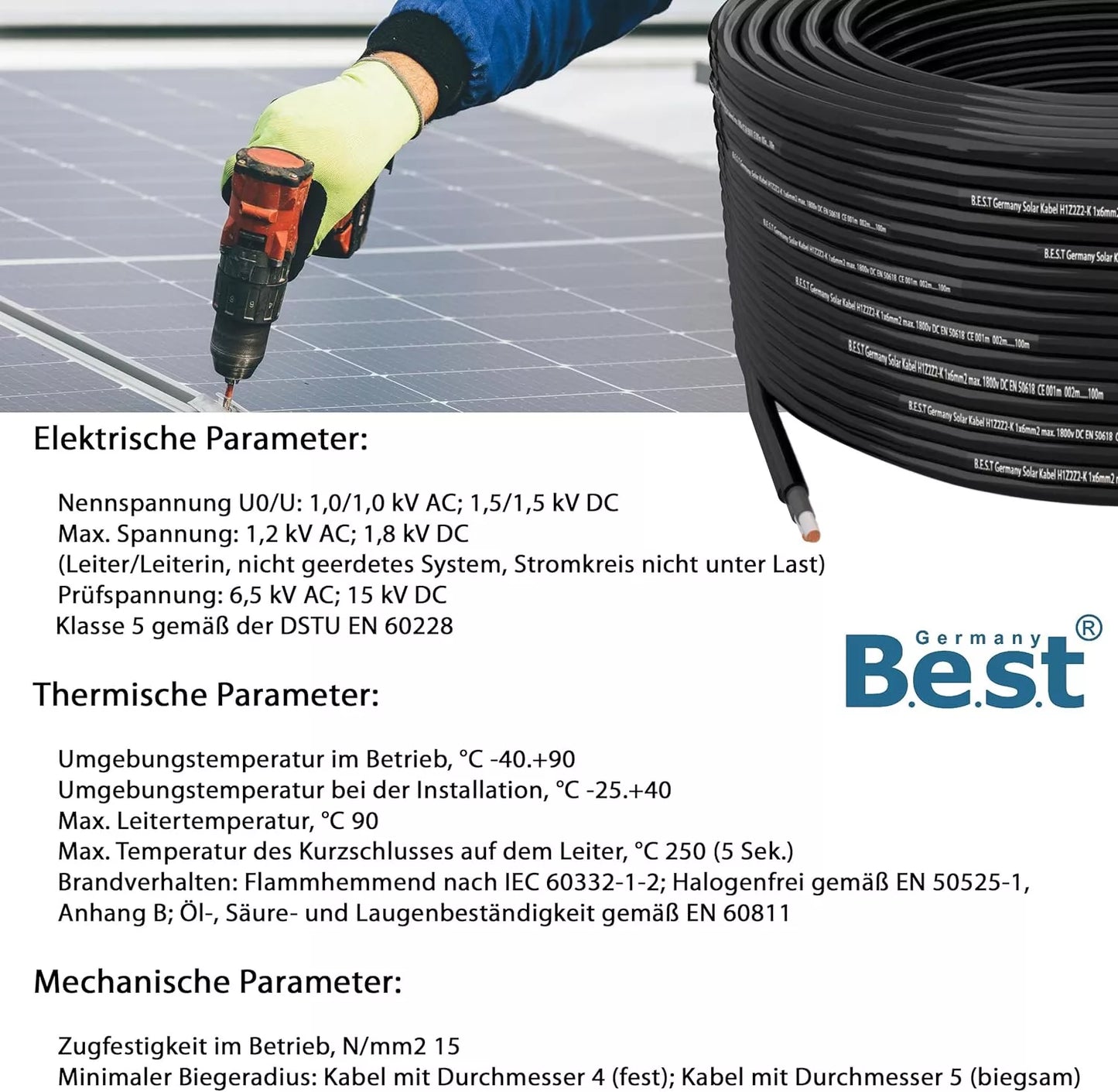 Germany B.E.S.T Solarkabel Solarleitung 4mm² reines Kupferkabel H1Z2Z2-K 10m PV Schwarz
